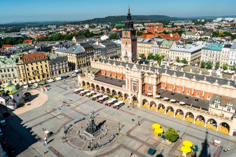 View of the Main Square (Polish: Rynek Glowny w Krakowie) is the main market square of the Old Town in Krakow, Poland.