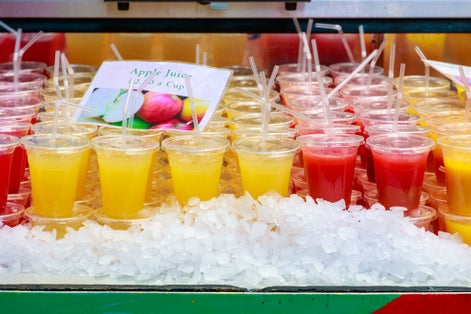 Photo of Fresh juice on display at Borough Market, London, UK.