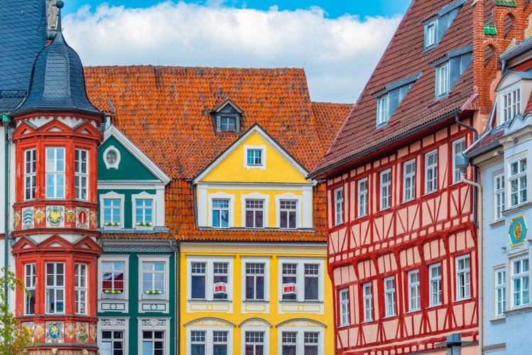 Photo of Facades of Marktplatz square in the old town of German town Coburg. 