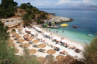 Photo of aerial view of Palaiokastritsa beach on Corfu islands, Greece.