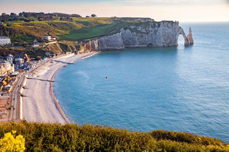 Photo of Les Falaises (cliffs) of Etretat at sunrise, Etretat, Normandy, France, Europe