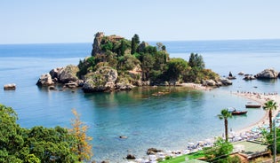 Photo of Isola Bella rocky island in Taormina, Italy.