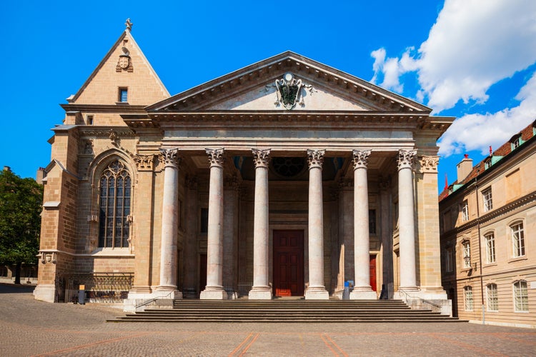 Photo of Saint Pierre or St. Peter Cathedral Reformed Protestant Church of Geneva is located in the centre of Geneva city in Switzerland.