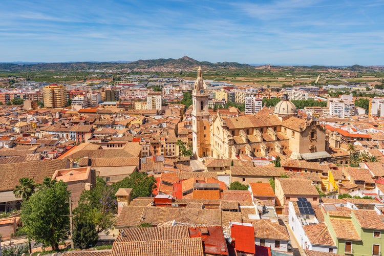 Arial View of Xàtiva featuring the Collegiate Basilica of Xàtiva, Valencian Community, Spain