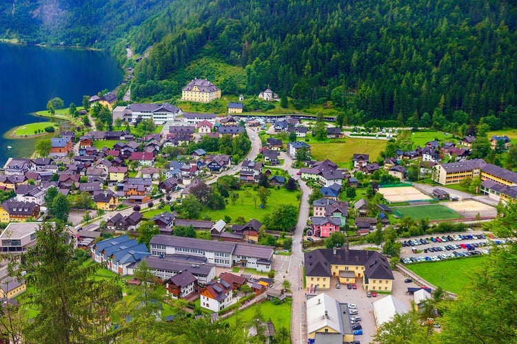 Great views of the lake and Hallstatter and Hallstatt Lutheran Church. Picturesque and gorgeous scene. Location famous place , Austria, region of Salzkammergut, Europe. Beauty world.