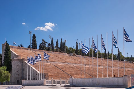 Photo of Panathenaic Stadium in Athens, Greece. One of the main historic attractions of the city and the only stadium in the world built entirely of marble.