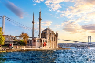 Touristic sightseeing ships in Golden Horn bay of Istanbul and mosque with Sultanahmet district against blue sky and clouds. Istanbul, Turkey during sunny summer day.