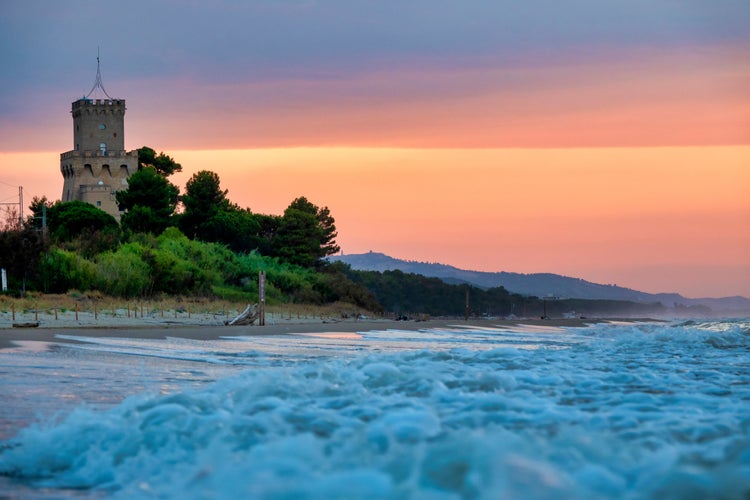 Photo of scenic view of the Tower of Cerrano at sunset, Pineto, Italy.