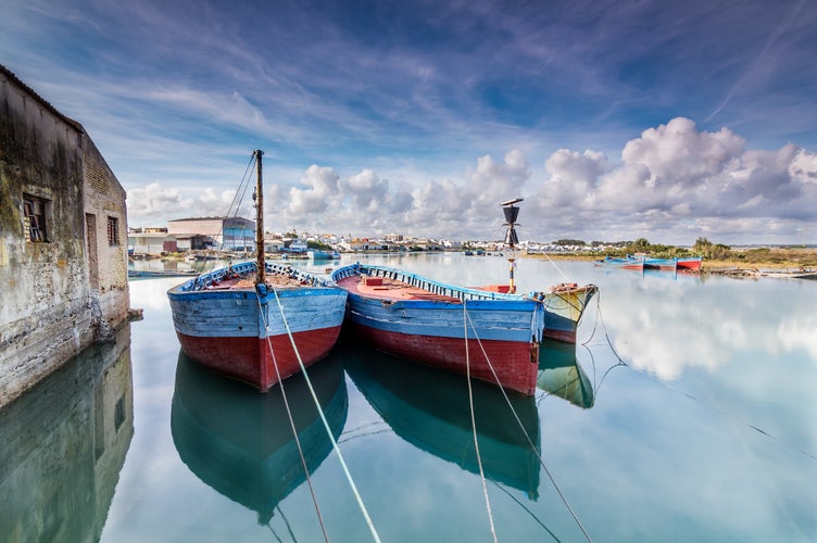 Fishing boats used for tuna fishing by an ancient Phoenician art of fishing called 'Almadraba'. Barbate, Cadiz, Spain.