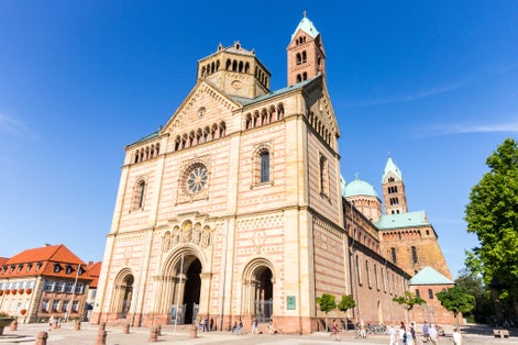 Photo of West facade of the Imperial Cathedral Basilica of the Assumption and Saint Stephen. A World Heritage Site since 1981 and largest romanesque cathedral in the world ,Speyer, Germany.