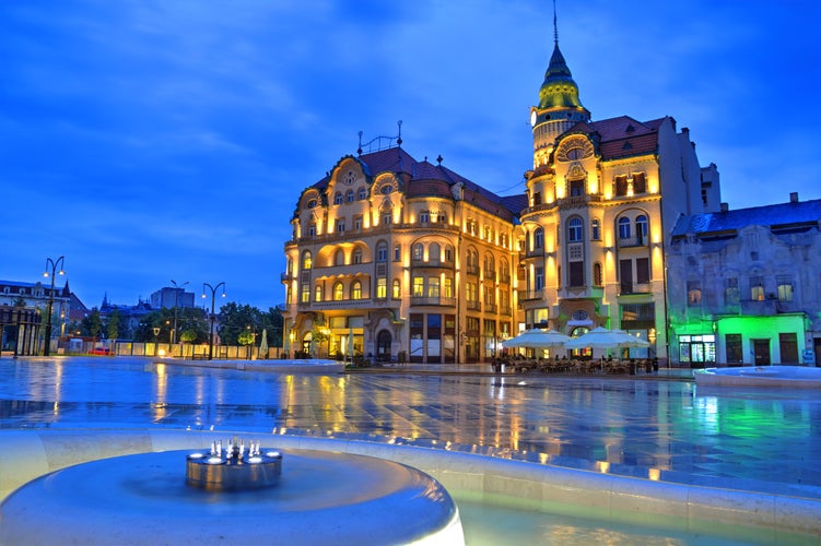 Union square (Piata Unirii) seen at the blue hour in Oradea, Romania