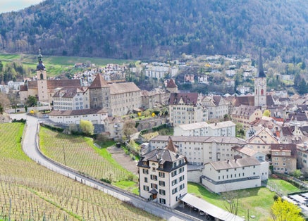 historic city center with church, castle and old houses surrounded by vinyards and mountains in Chur, Switzerland