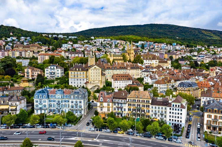 Aerial view of Neuchatel with the Church and the Castle, Switzerland