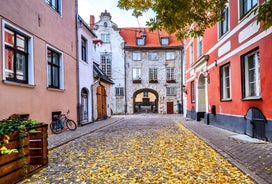 Scenic summer view of the Old Town and sea port harbor in Tallinn, Estonia.