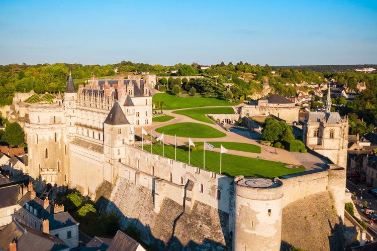 photo of view of Chateau d'Amboise aerial panoramic view. It is a chateau in Amboise city, Loire valley in France.