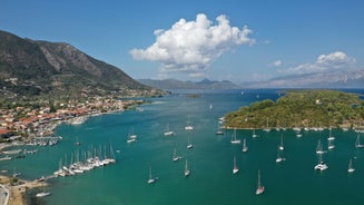 Photo of aerial view of the beautiful beach of Agios Nikitas in Lefkada island, Greece.