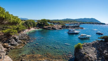 photo of an aerial view of the port of Toulon, La Seyne Sur Mer and seaside of Rade des vignettes in France.