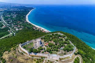 Photo of panoramic aerial view of Neos Panteleimonas beautiful town in south Pieria, Central Macedonia, Greece.