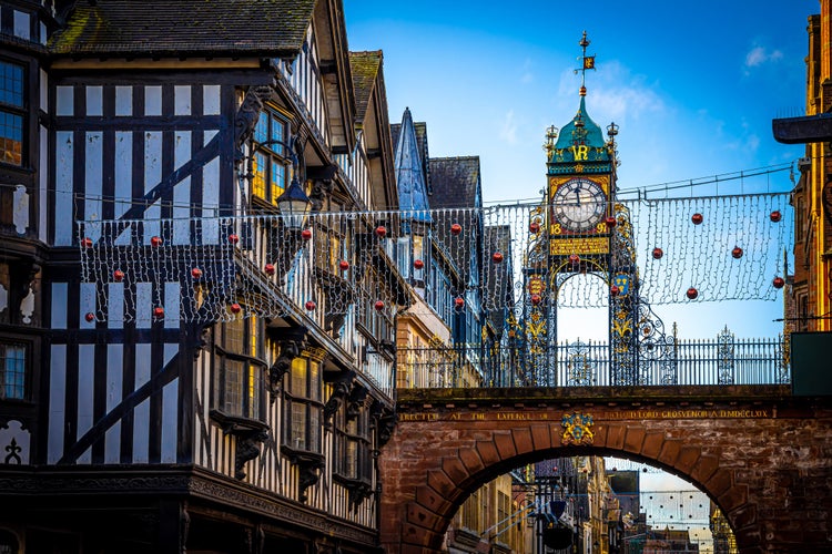 Eastgate clock of Chester, a city in northwest England, known for its extensive Roman walls made of local red sandstone, UK