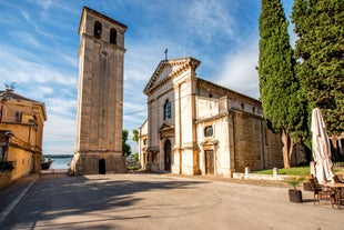 Photo of aerial view to the town of Porec in Istria, Croatia on Adriatic coast.