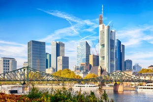 Photo of beautiful aerial view of Frankfurt at sunset Germany financial district skyline.