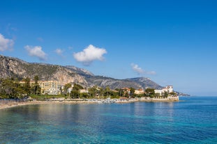 View of Mediterranean luxury resort and bay with yachts. Nice, Cote d'Azur, France. 