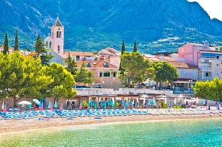 Photo of aerial view of gorgeous azure scene of summer Croatian landscape in Podgora, Dalmatia, Croatia.