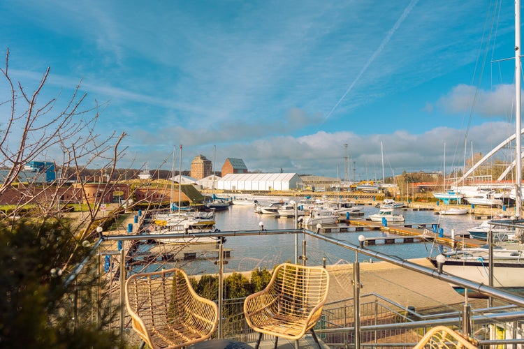 View of the port with many yachts in Kołobrzeg in early spring.