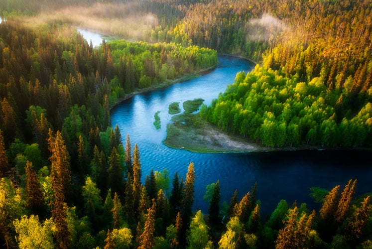 Photo of looking down from the Pähkänäkallio cliff at the Kitkajoki river meandering through the Taiga forests of Oulanka National Park in Kuusamo, Finland.