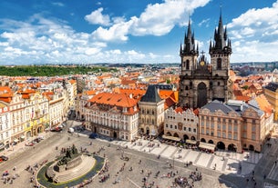 Photo of aerial view on Mikulov town in Czech Republic with Castle and bell tower of Saint Wenceslas Church.