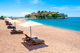 Photo of panoramic aerial view of old town of Budva, Montenegro.