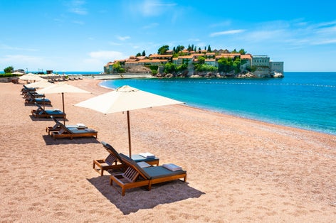 Photo of beautiful Sveti Stefan beach, Budva, Montenegro.