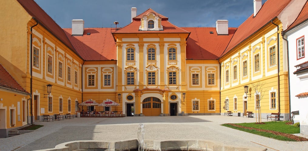 Fountain courtyard of a Baroque chateau in South Moravia, a scenic stop in Czechia in July..jpg