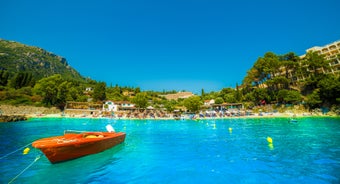 Photo of aerial view of Palaiokastritsa beach on Corfu islands, Greece.