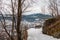 park bench on drammen spiral with drammen and mountains in the background