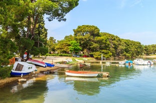 Photo of aerial view of town of Rovinj historic peninsula , famous tourist destination in Istria region of Croatia.