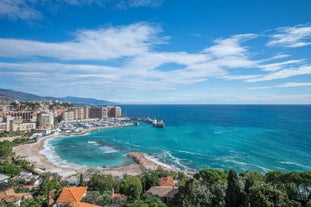 View of Mediterranean luxury resort and bay with yachts. Nice, Cote d'Azur, France. 