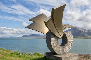 Panoramic view of Reykjavik, the capital city of Iceland, with the view of harbor and mount Esja.