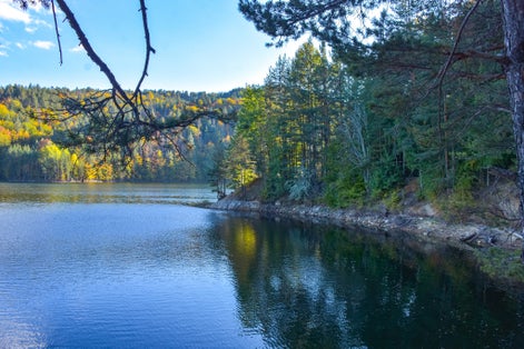Autumn landscape with forest and Berovo lake in the middle of the forest, Berovo, Macedonia
