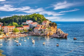 Photo of panoramic aerial view of old town of Budva, Montenegro.