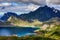 View from Offersoykammen on Vestvagoy in Lofoten, Nordland, Norway, with Vikbukta and Hauklandstranda (Haukland Beach)