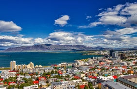 Photo of aerial view of Stykkishólmur village in northwestern Iceland.