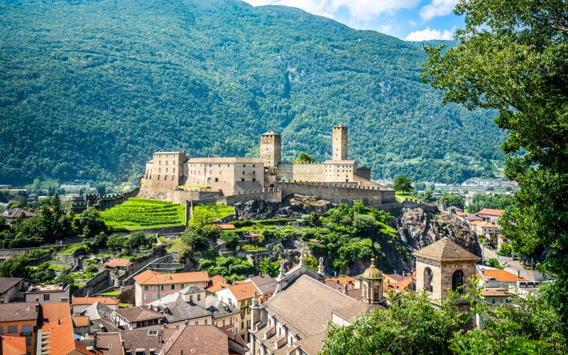 Photo of aerial view of Castelgrande castle in Bellinzona ,Ticino, Switzerland.