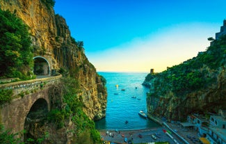 Photo of aerial morning view of Amalfi cityscape on coast line of Mediterranean sea, Italy.