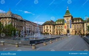 Antique building view in Old Town Bucharest city - capital of Romania and Dambrovita river. Bucharest, Romania, Europe.