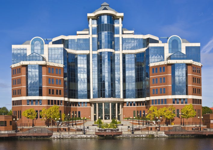 photo of MediaCityUK modern buildings and facilities in Salford Quays in Manchester, England.