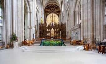 Photo of aerial view of Winchester Cathedral and city, England.