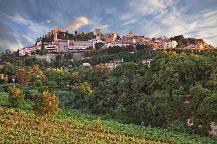 Photo of landscape of the green countryside with vineyard and the ancient hill town known for its excellent wines.