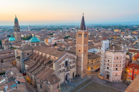 Sunrise view of the Cathedral of Parma in Italy.