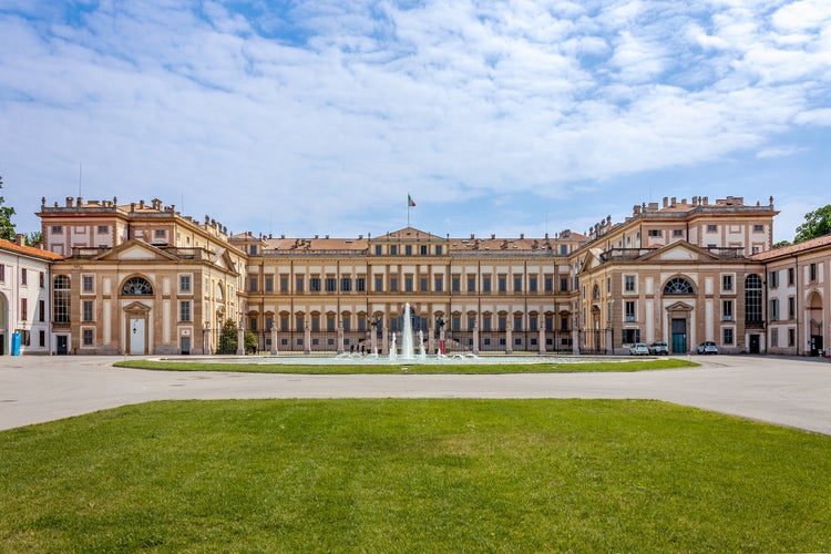 Photo of royal Palace (Villa Reale), 18th century, exterior with gardens ,Monza, Italy.